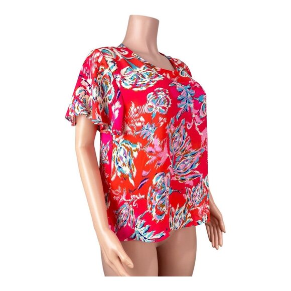 W5 Women Bright Red Floral Print Top Blouse SZ L  Flared Short Sleeve Pullover - Picture 11 of 11